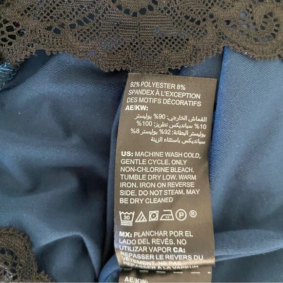 WHBM Teal Velvet Lace Trim Floral Embroidered Flounce Sleeve Dress XS Petite - Picture 11 of 11